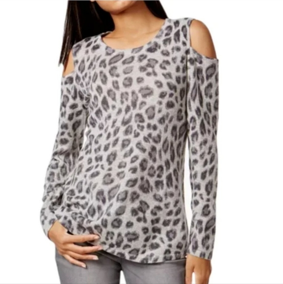 Cashmere Charter Club Luxury Snow Leopard Cheetah Cold Shoulder Winter Small - Picture 1 of 11